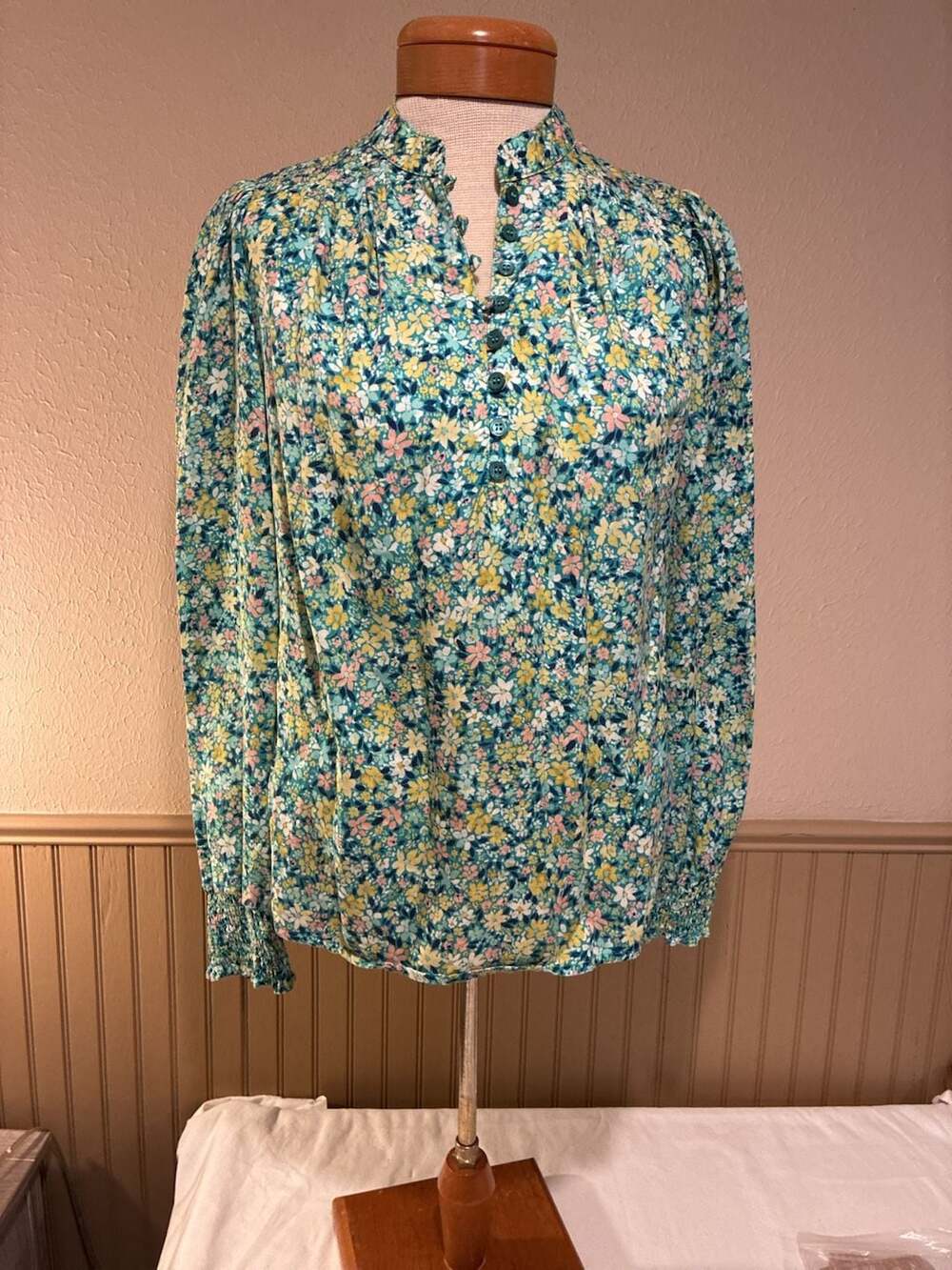 Kut From The Kloth Blouse Size S Teal Floral Long Sleeve Button Front Top